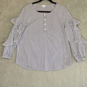 SPLENDID Women's Ruffled Sleeve Navy Striped LS Blouse Sz Large Nautical Cotton